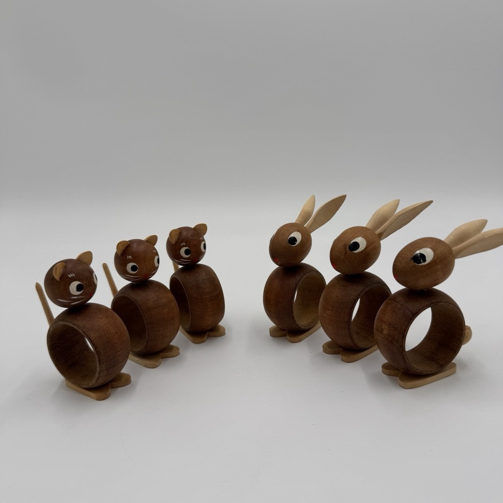 Set of 4 Vintage Wood Napkin Rings Feri Italy MCM Cat Dog Rabbit Elephant